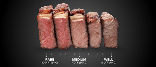 Cross sections of sous vide steak showing doneness, from rare, medium-rare to well done