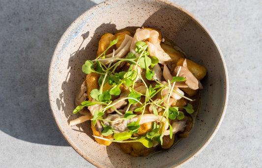 Stoneware bowl of potato gnocchi with pickled mushrooms and micro greens made using the Anova Precision Chamber Vacuum Sealer