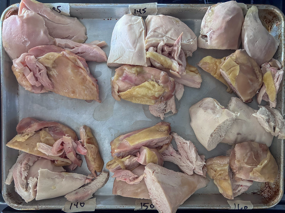 Sheet pan of of chicken breasts and chicken thighs cooking to different temperatures using sous vide