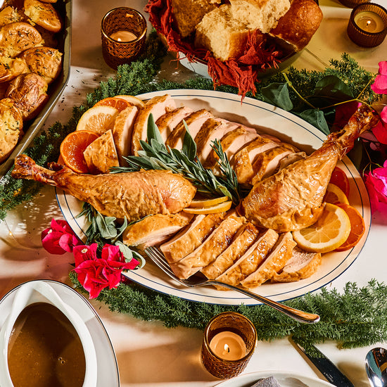 Sliced speedy roast turkey on a Thanksgiving table