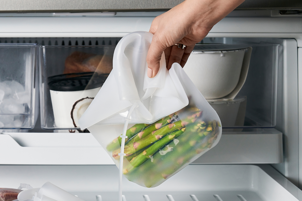 sous vide asparagus in a silicone bag